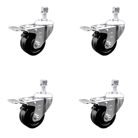 Service Caster 3 Inch SS Phenolic Wheel Swivel 1/2 Inch Threaded Stem Caster Set Total Lock Brake SCC-SSTSTTL20S314-PHS-121315-4